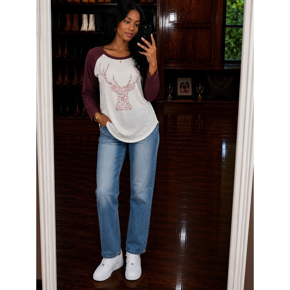 Wanna B Womens Deer Graphic Raglan Tee Sequin Elbow Patches Burgundy White M